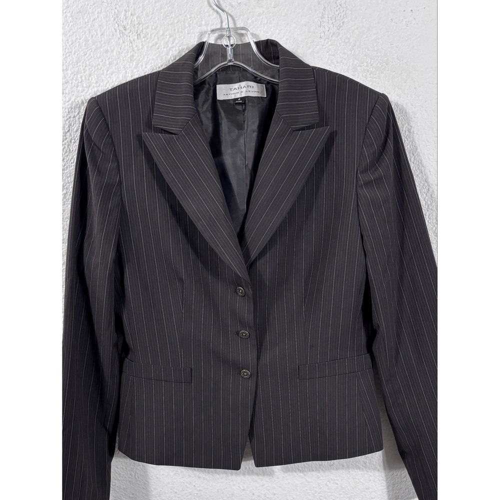 Tahari Arthur S. Levine Blazer Womens 8 Brown Pinstripe Three Button Career